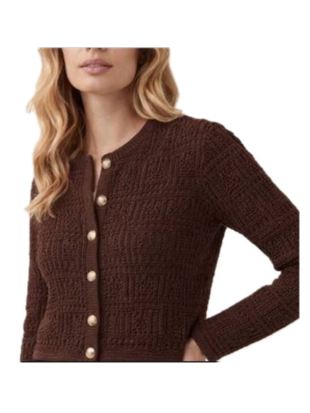 Magaschoni Pointelle Crochet Crew Neck Cardigan in Chocolate Brown Women's S NEW